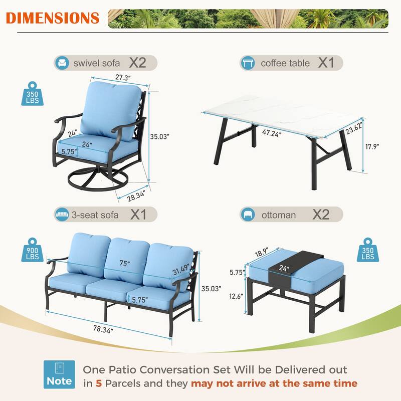 MAISON ARTS 6/7-Piece Patio Conversation Sets, Sofa Set with 2/4 x Single Chairs, 1 x 3-seater Sofa and Coffee Table/Ottomans