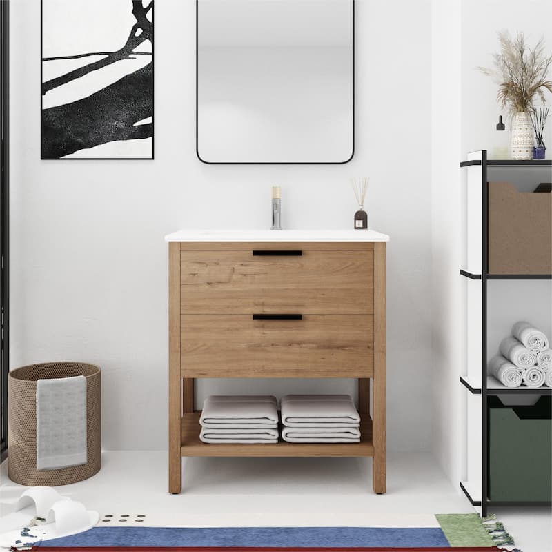 Bathroom Vanity With Sink In 30 Inch, Freestanding Bathroom Vanity With 2 Soft Close Drawers - 30"W x 18.31"D x 33.5"H - Imitative Oak