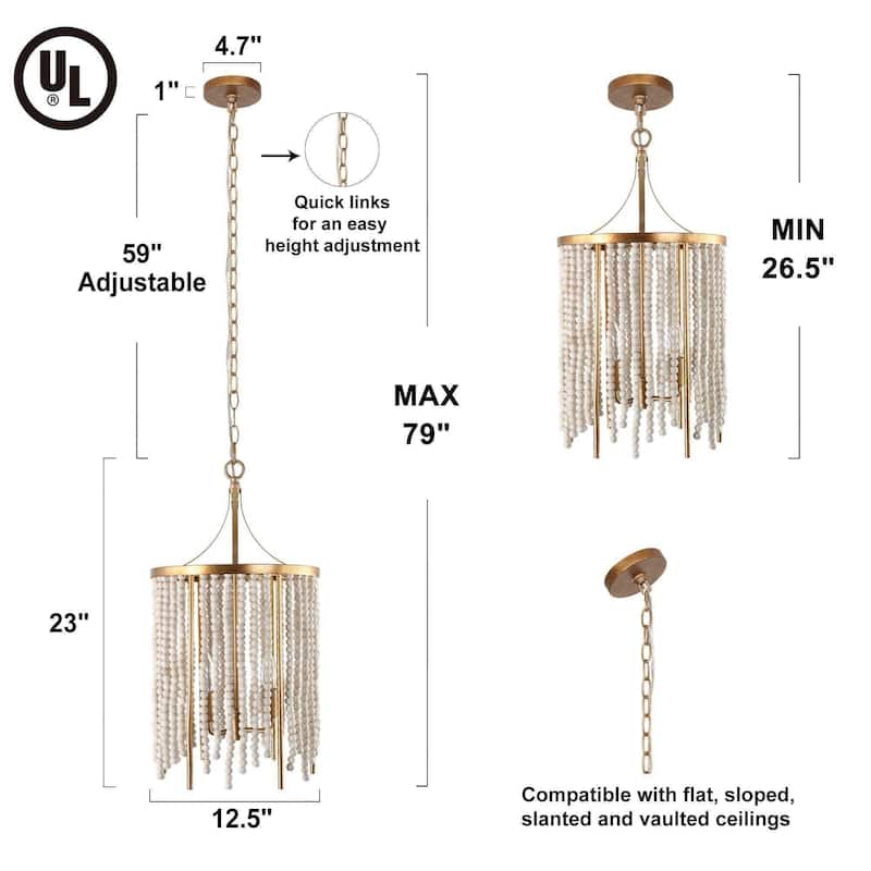 Alisar Mid-century Modern Mini Boho Kitchen Island Pendant with Distressed White Wood Beads