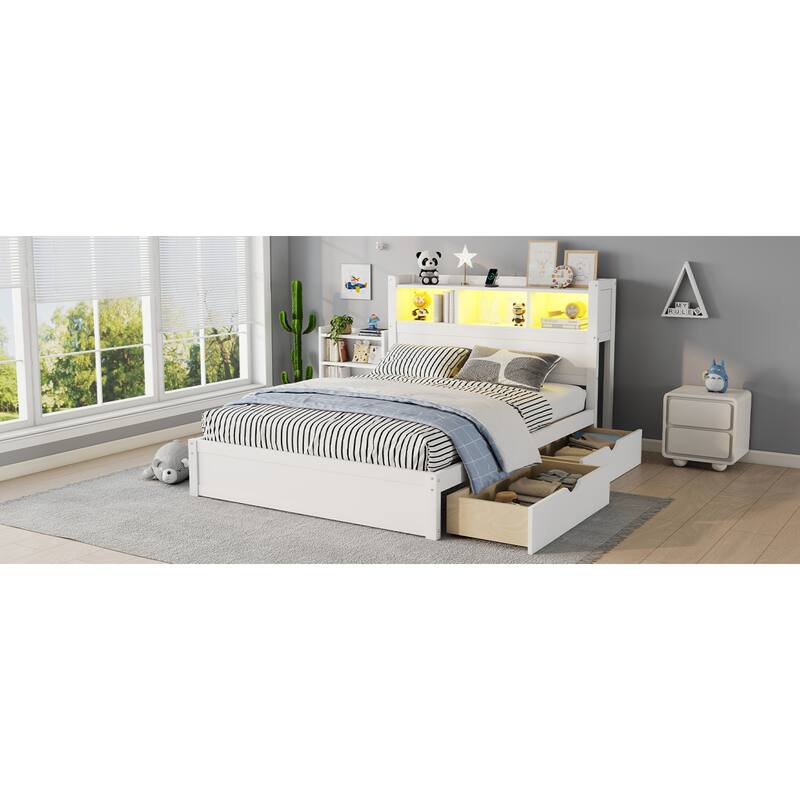 Roomfitters Twin/Full Platform Bed, LED Bookcase Headboard and Pull Out Storage Drawers with Wooden Frame for Bedrooms