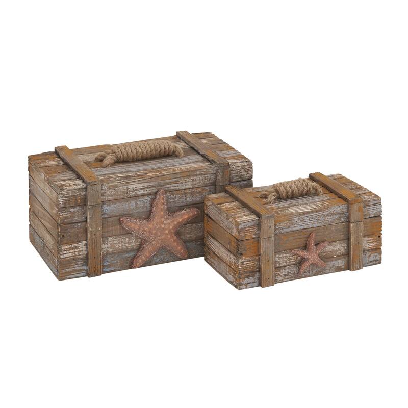 Wood Starfish Handmade Distressed Box with Knotted Rope Details - Set of 2 Brown - Roche River Decor - 6"W x 10"L x 4"H