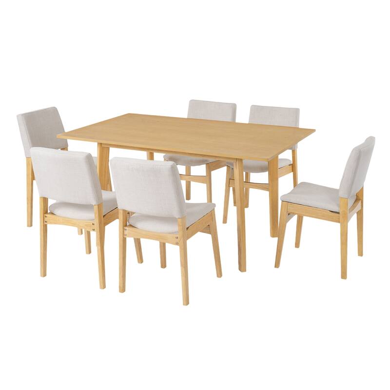 7-Piece Modern Dining Set - Rectangular Solid Wood Table & Upholstered Linen Chairs, for Kitchen/Dining Room