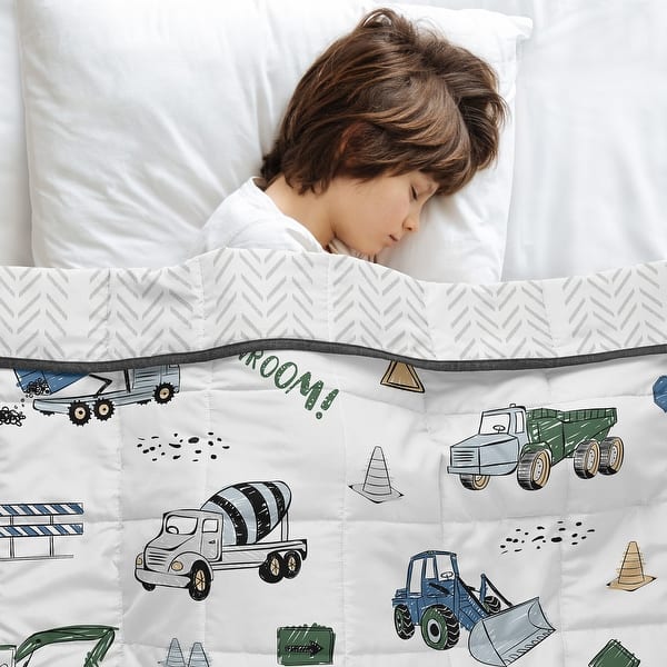 slide 2 of 6, Sweet Jojo Designs Construction Truck Boy Toddler Weighted Blanket 5lbs for Kids - White/Grey Tire Track & Green, Blue Vehicles