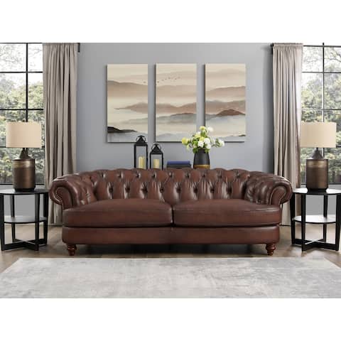 Hydeline Newport Top Grain Chesterfield Leather Sofa with Feather, Memory Foam and Springs