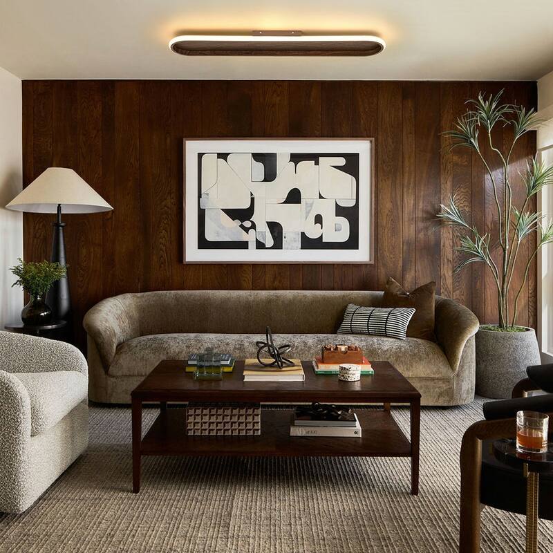Minimalist Walnut Wood Linear Oval Dimmable LED Semi Flush Mount - 31.7 Inches