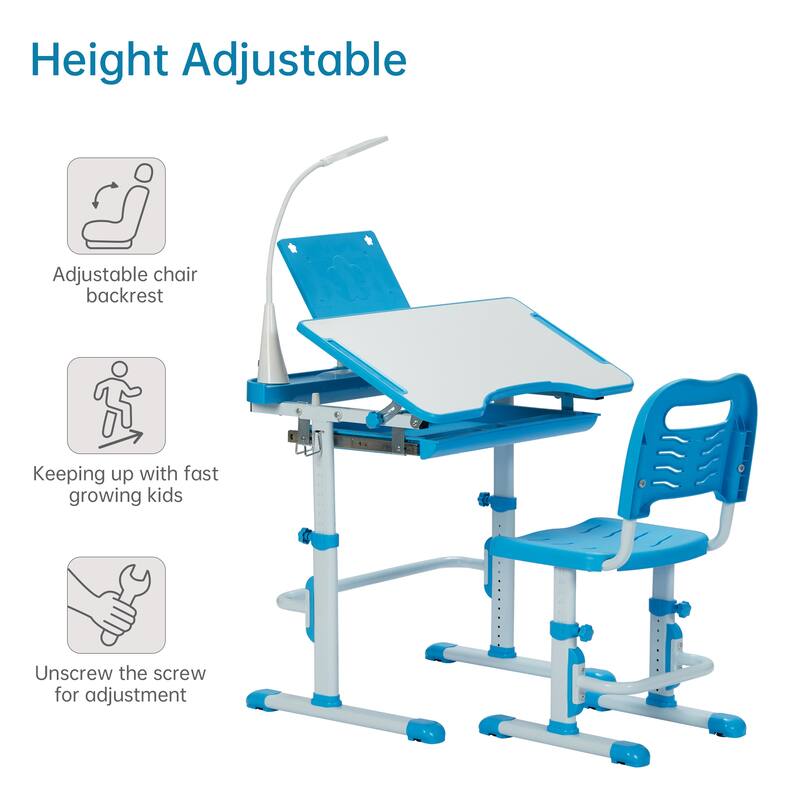 Ukuowu Height Adjustable Child's School Study Kids Desk and Chair Set with Tilt Desktop, LED Light, Storage Drawer, Book Stand