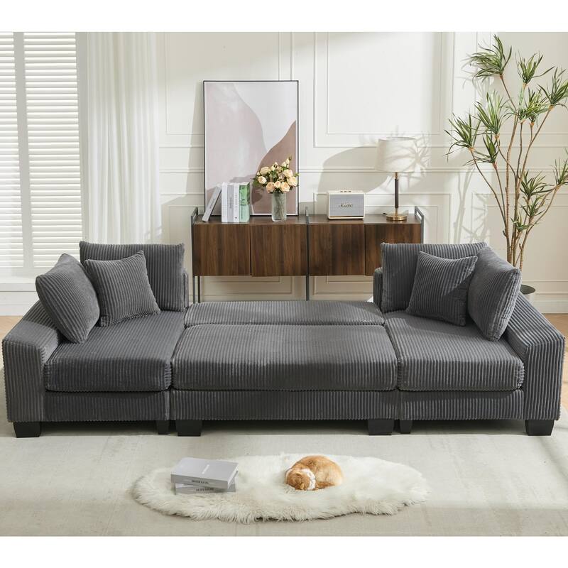 U Shaped Sofa Convertible Pull Out Sleeper Sofa Bed, 2 in 1 Recliner Sectional Couch, Corduroy Upholstery Daybed with Pillow