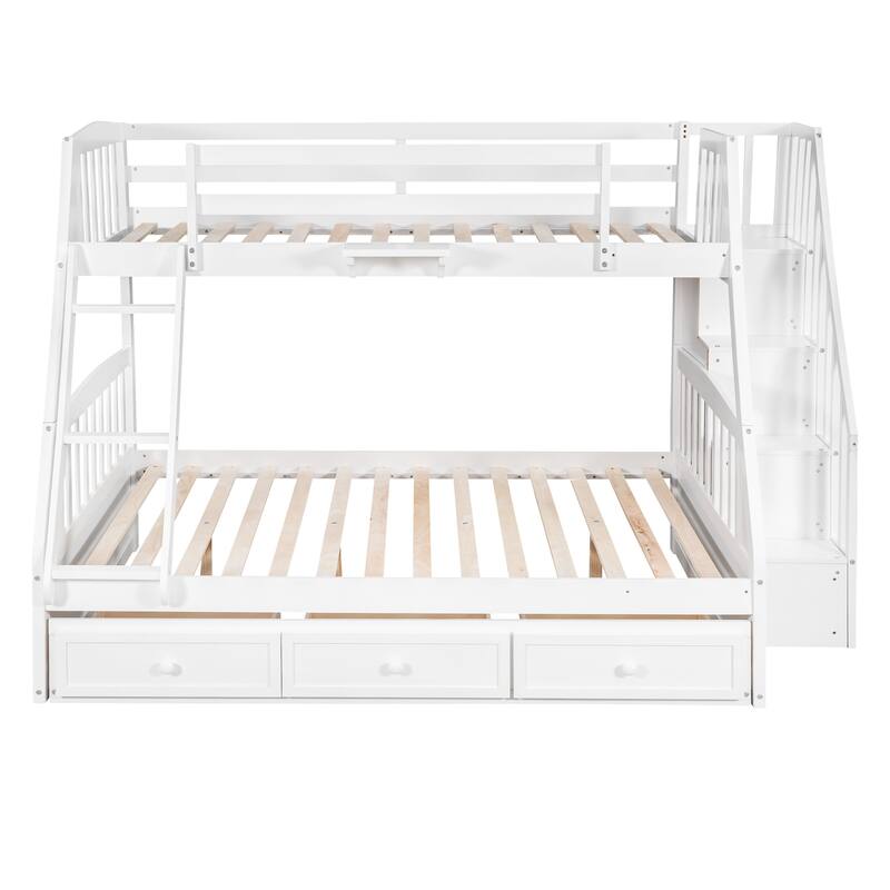 White Twin-Over-Full Bunk Bed with Storage Drawers and Staircase