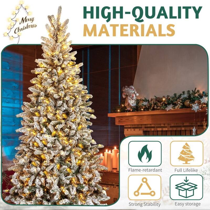 7 FT Snow Flocked Pre-lit Artificial Pencil Christmas Tree, Hinged Xmas Pine Tree for Holiday Party Office Home, Snowy Green