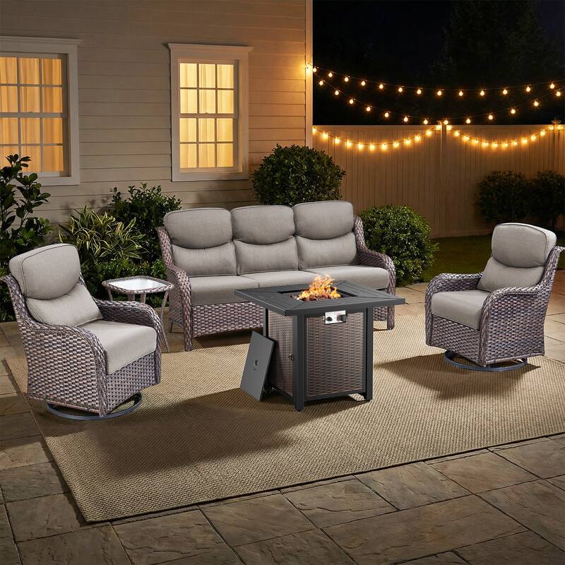 Pocassy 30 In Outdoor Fire Pits with Patio Sofa Swivel Glider Chari Furniture. - Brown Wicker Gray Cushion - 5-Piece Sofa Swivel Chair Table w/ Fie Pit Table