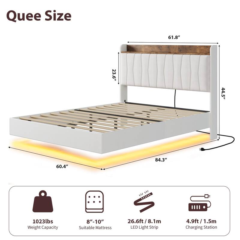 Full/Queen/King Floating Bed Frame with LED Lights & Charging Station, Upholstered Platform Bed with Storage Headboard