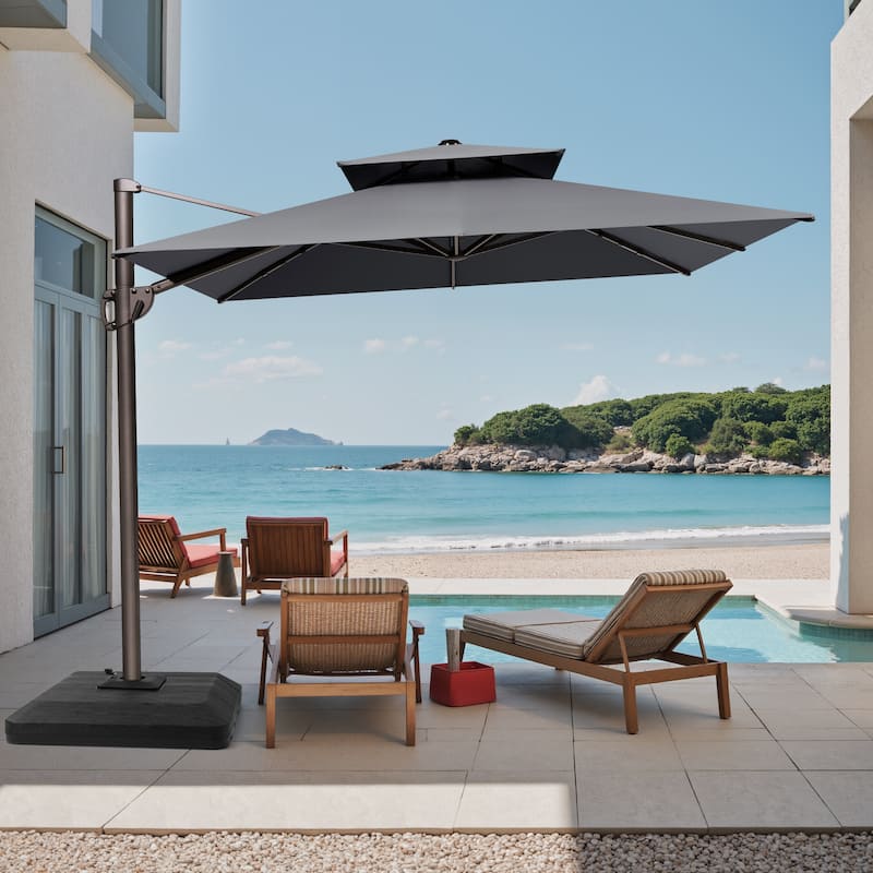 Outdoor Patio Dual Top Cantilever Umbrella with 4-Piece Fillable Weighted Base