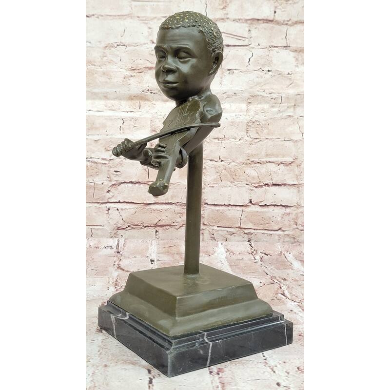 Bronze Boy Playing Violin Sculpture – Musical Bust On Marble Base