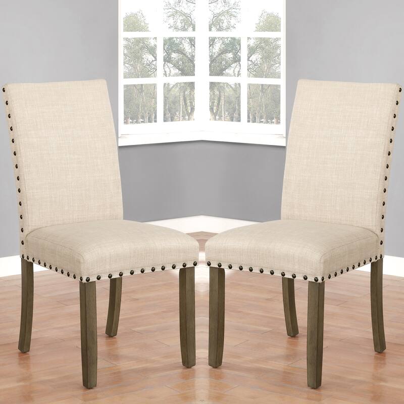 Classic Design Beige Upholsted Parsons Chairs with Nailhead Trim (Set of 2)