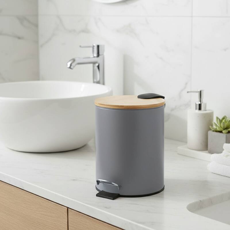 Stylish Trash Can with Bamboo Lid and Pedal, 2.5L Capacity - 9.2" H x 8" L x 8" W