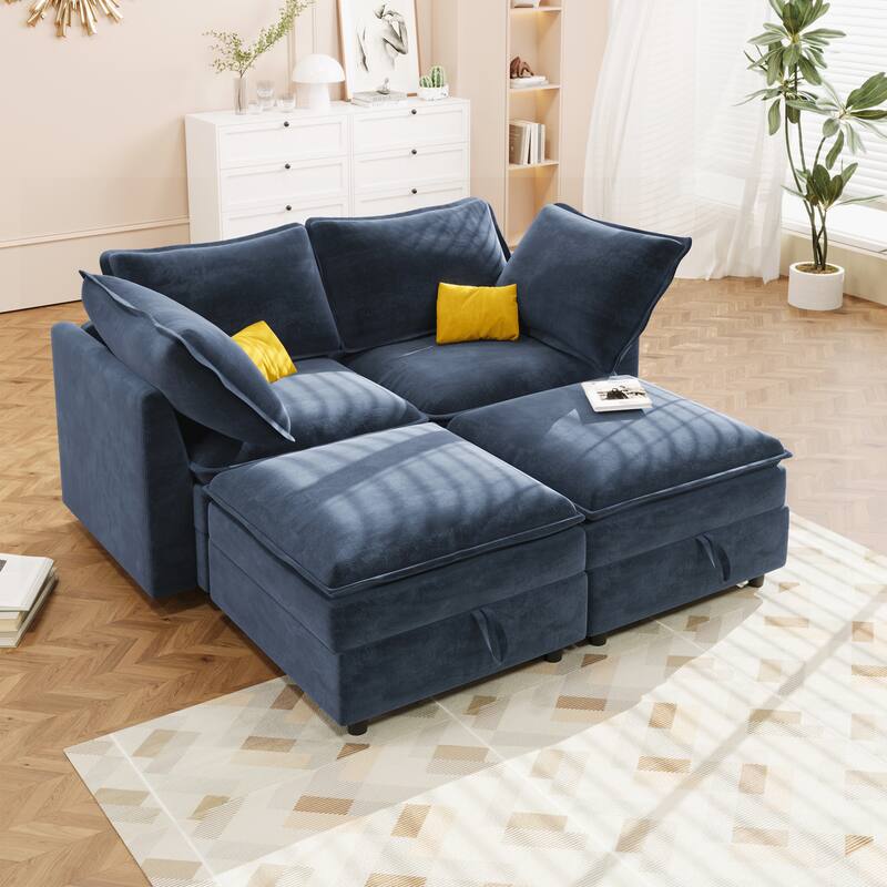 Modular Sleeper Sofa Bed with 2 Storage Ottomans and Pillows - Blue