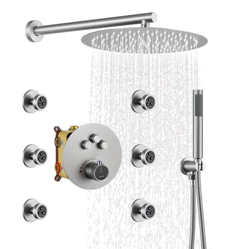 CASAINC 3-function Luxury Thermostatic Dual Shower Faucet Shower System with 6 Body Spray Jets