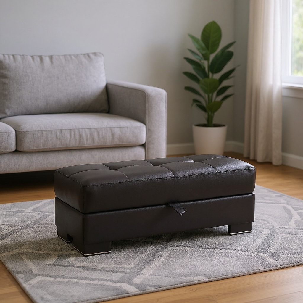 HomeRoots 50" Black and Brown Faux Leather Storage Ottoman