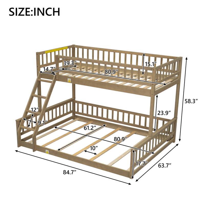 Twin XL over Queen Bunk Bed with Ladder and Guardrails