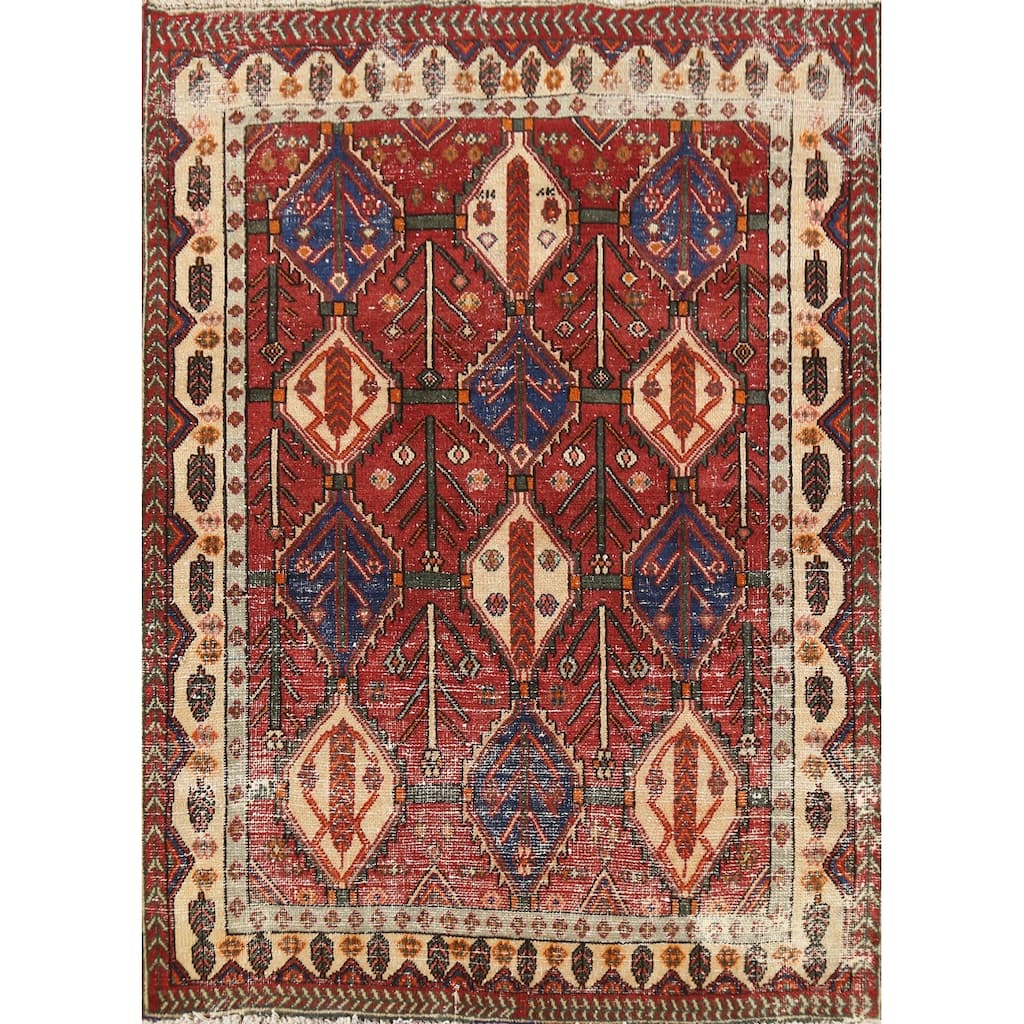 Hand Knotted Oriental 100% Wool Carpet Traditional Geometric Red Bakhtiari Area Rug - 4' 11'' X 3' 10''