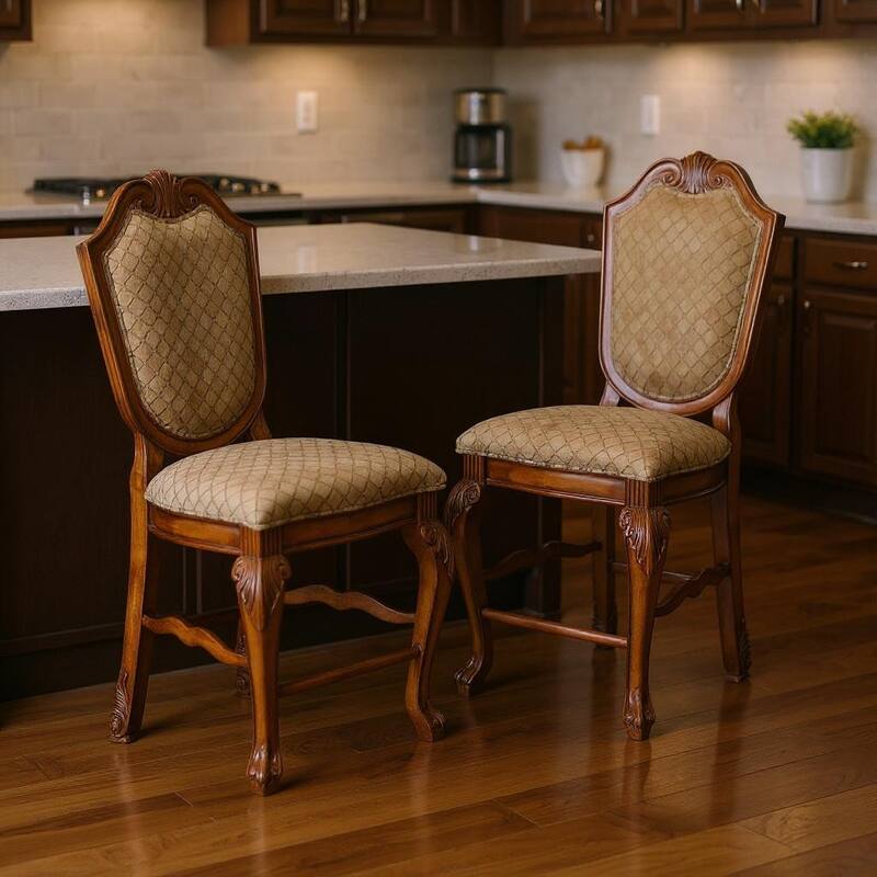 HomeRoots Set of Two 24" Beige and Brown Fabric and Solid Wood Counter Height Bar Chairs - Counter Height - Beige - Set of 2