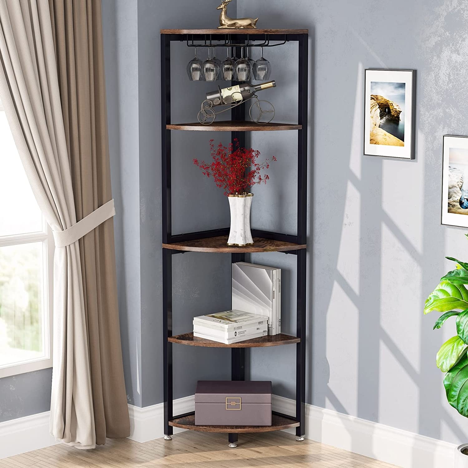 5 Tier Corner Shelf Corner Bookshelf Small Bookcase with Wine