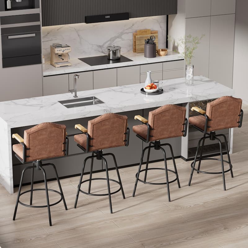 VECELO Set of 2/4 Brown PU Leather Swivel Bar Stools Comfortable Swivel Bar Stools with Footrest Fixed Height Tufted Bar Stools