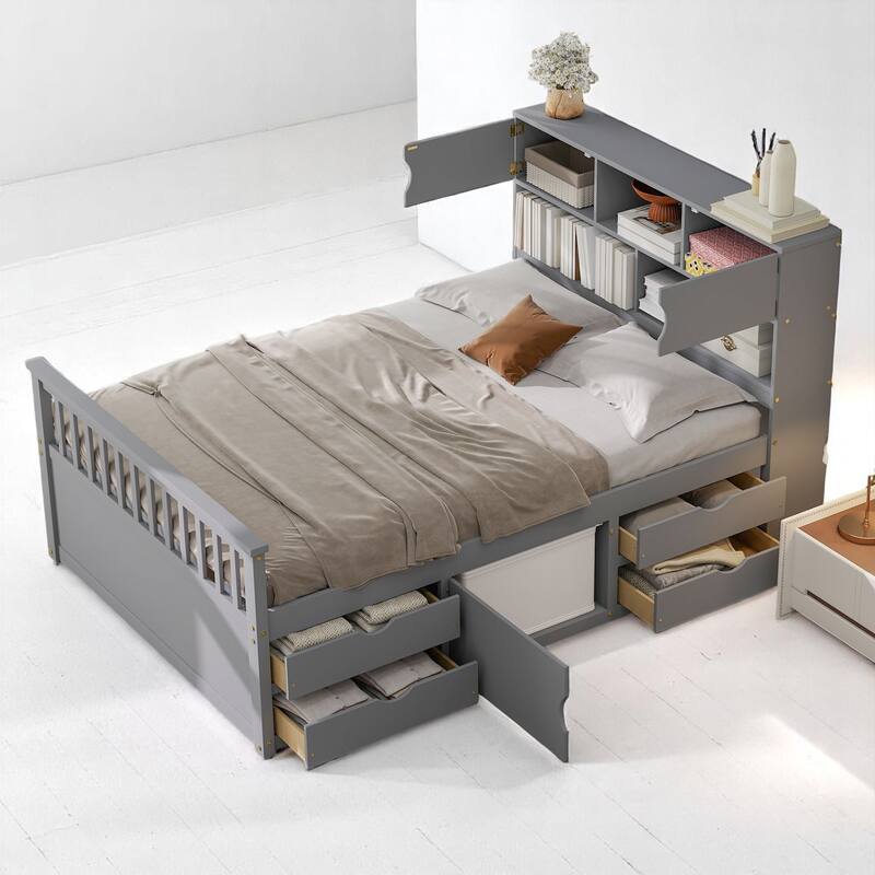Full Size Captain Platform Bed with Bookcase Headboard, 4 Storage Drawers, and Adjustable Shelves, Gray Wood Frame