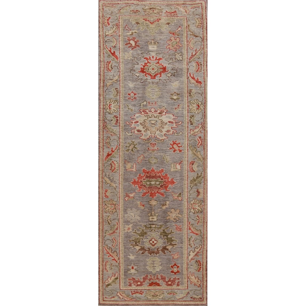Hand Knotted Oriental 100% Wool Carpet Transitional All-Over Greys & Charcoal Oushak Runner Rug - 9' 8'' X 2' 8''
