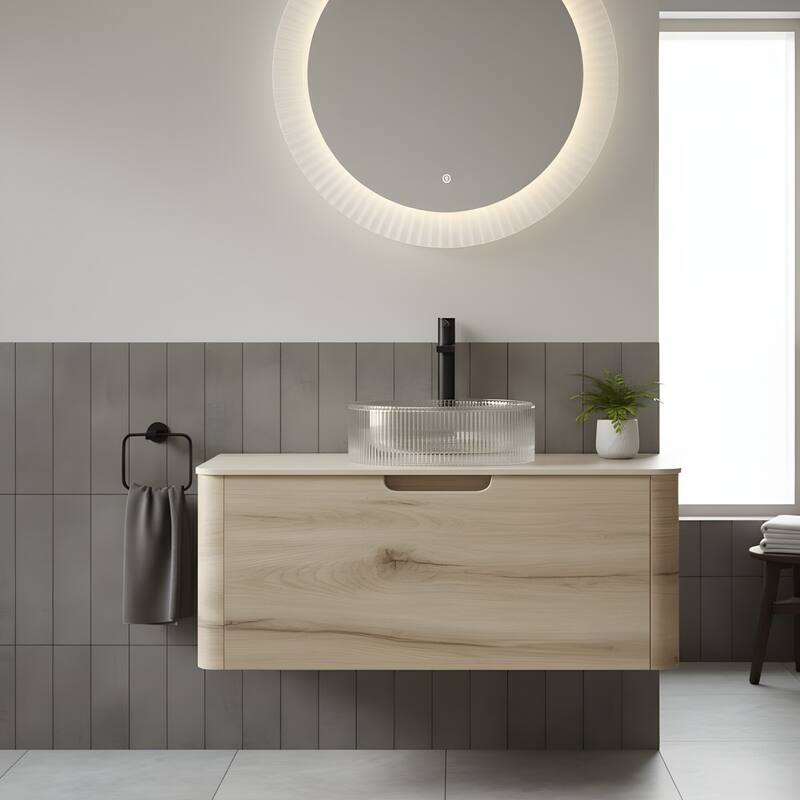 Wall-mounted Bathroom Vanity with Round Vessel Basin - 36 - White Oak+Transparent