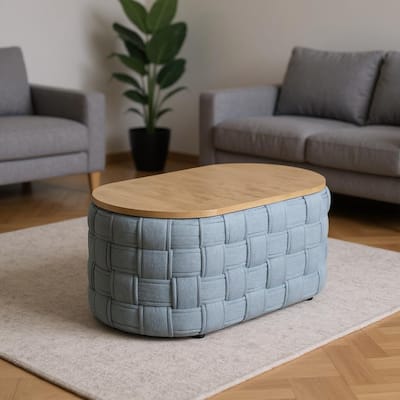 HomeRoots 41" Natural and Blue Wood And Woven Fabric Oval Coffee Table - 41.00 in. x 16.00 in. x 24.00 in.