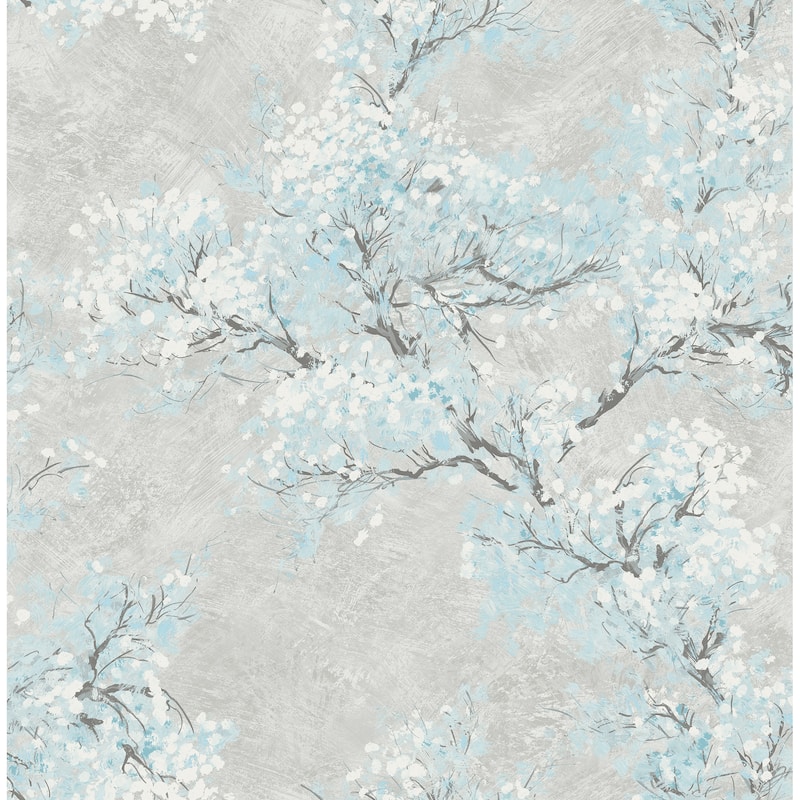 Seabrook Designs Nova Cherry Blossoms Unpasted Wallpaper - 20.5 in. W x 33 ft. L - Metallic Silver & Ice Blue