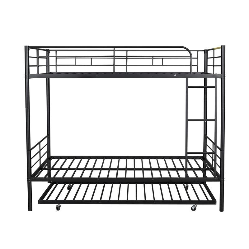 Full Over Full Metal Bunk Bed with Trundle and Guardrail, Convertible to Two Beds
