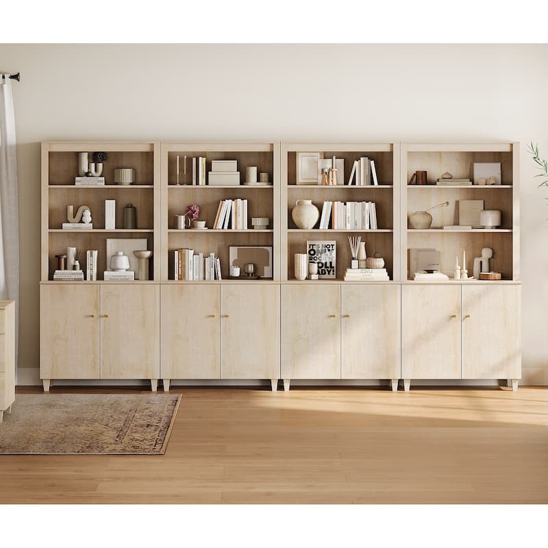 WAMPAT Modern 71" Tall Bookcase with Cabinets, 4 Columns 5-Tier - Light Oak
