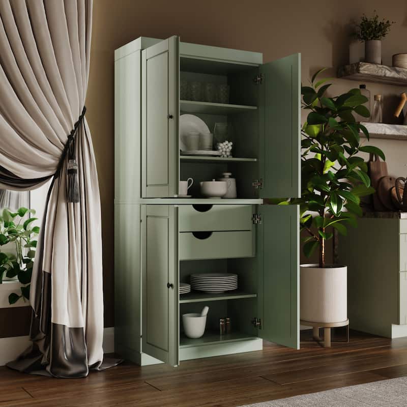 Solid Wood Tall Freestanding Kitchen Pantry Cabinet with Doors & 2 Drawers, Adjustable Shelves, Modular Storage, 32" W x 71.5" H - Sage