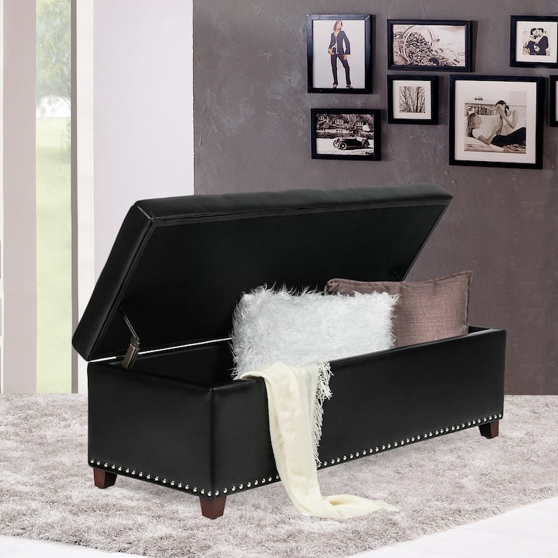 Adeco 46" Faux Leather Storage Ottoman Bench with Nailhead Trim