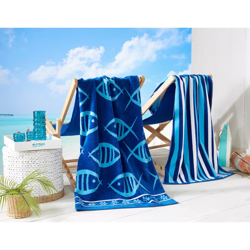 Linery & Co. 100% Cotton Jacquard 2 Pack Summer Beach Towels - 2 Pack- 30" x 60" - Fish & Stripes