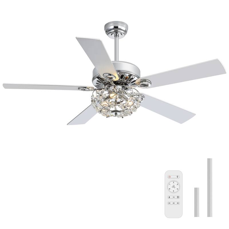 52" Chrome Crystal Ceiling Fan with Lights, Remote Control, Reversible DC Motor, 6-Speed Indoor Ceiling Fan with 5 Silver Blades