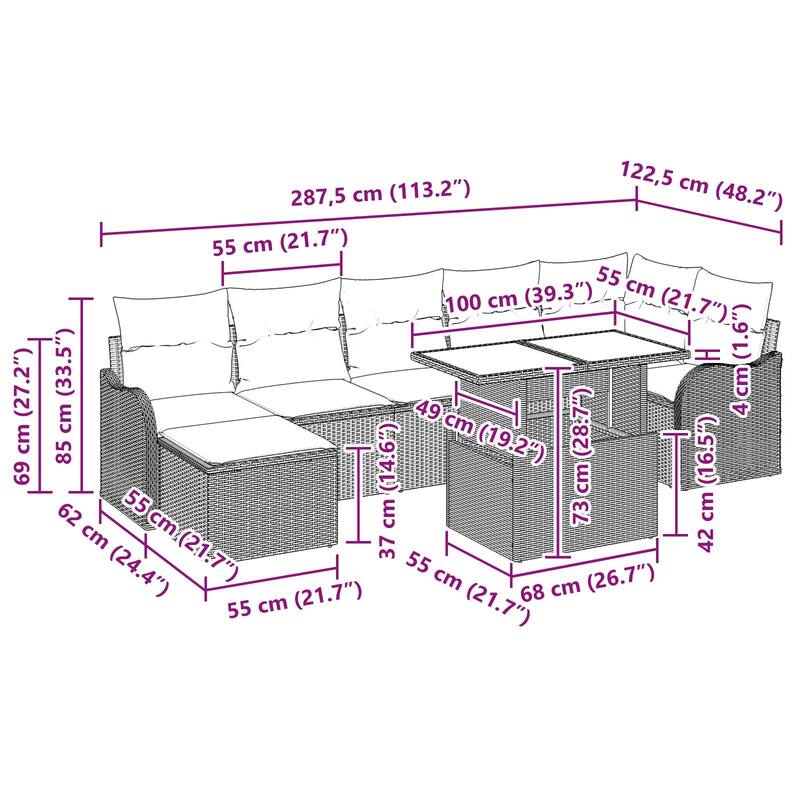 vidaXL 8 Garden Sofa Set with Cushions Black/Brown/Grey Poly Rattan - 113.2 x 48.2 x 27.2