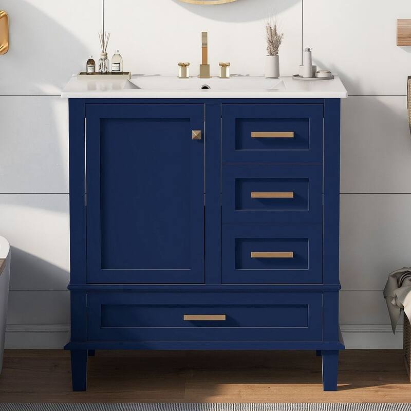 30" Bathroom Vanity With Sink, Solid Wood Bathroom Storage Cabinet - Blue