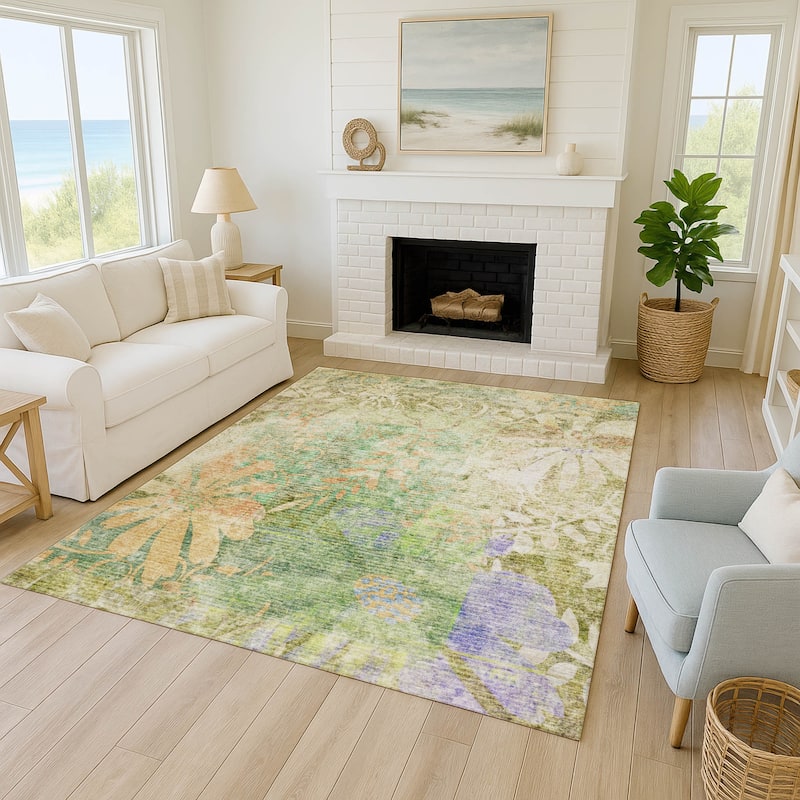 Machine Washable Indoor/ Outdoor Modern Floral Chantille Rug