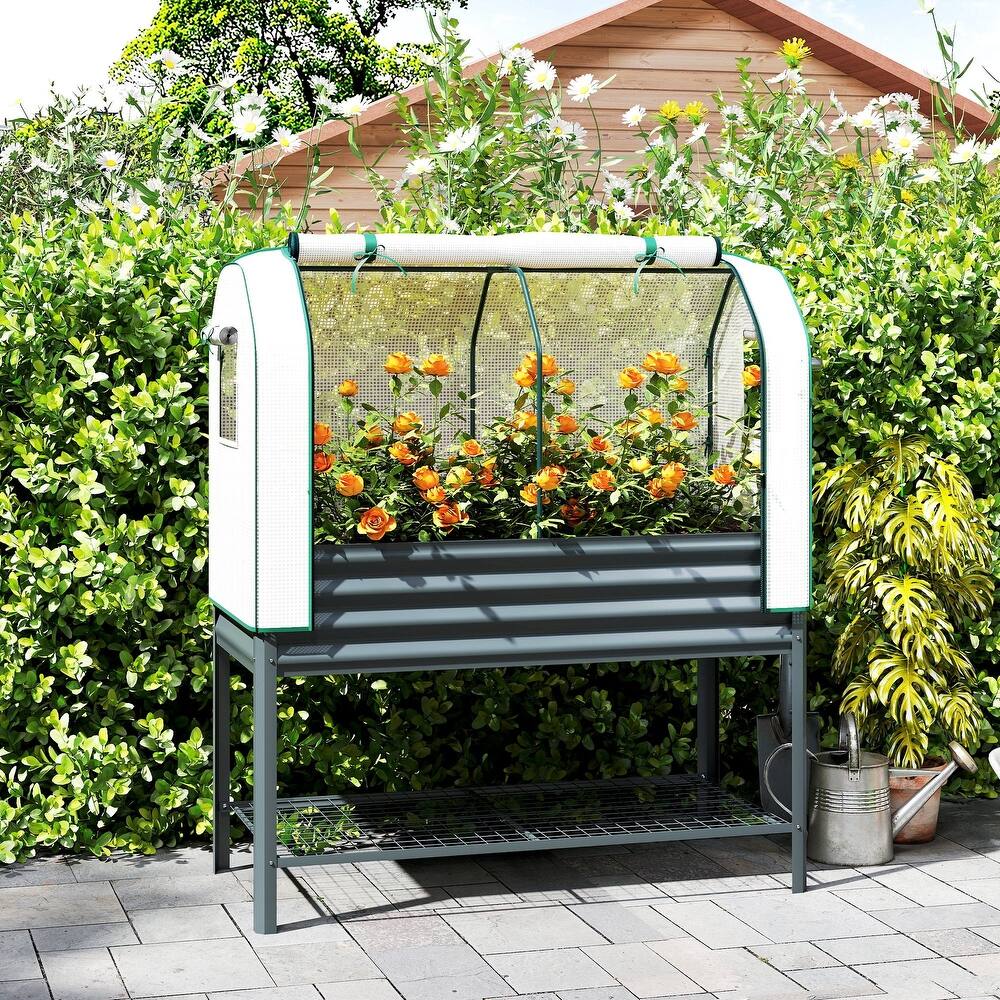 Outsunny Galvanised Raised Garden Bed with Greenhouse Cover, Metal Elevated Garden Bed with Legs, Bed Liner and Bottom Shelf