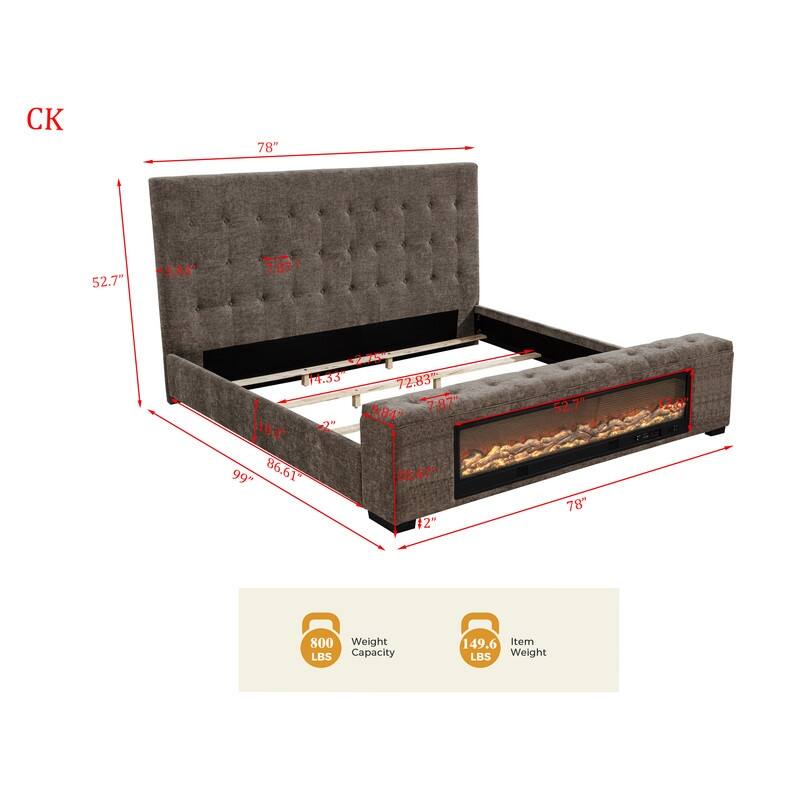 Best Master Furniture Sabine Luxe Modern Upholstered Tufted Grey Chenille Panel Bed with Integrated Fireplace Display