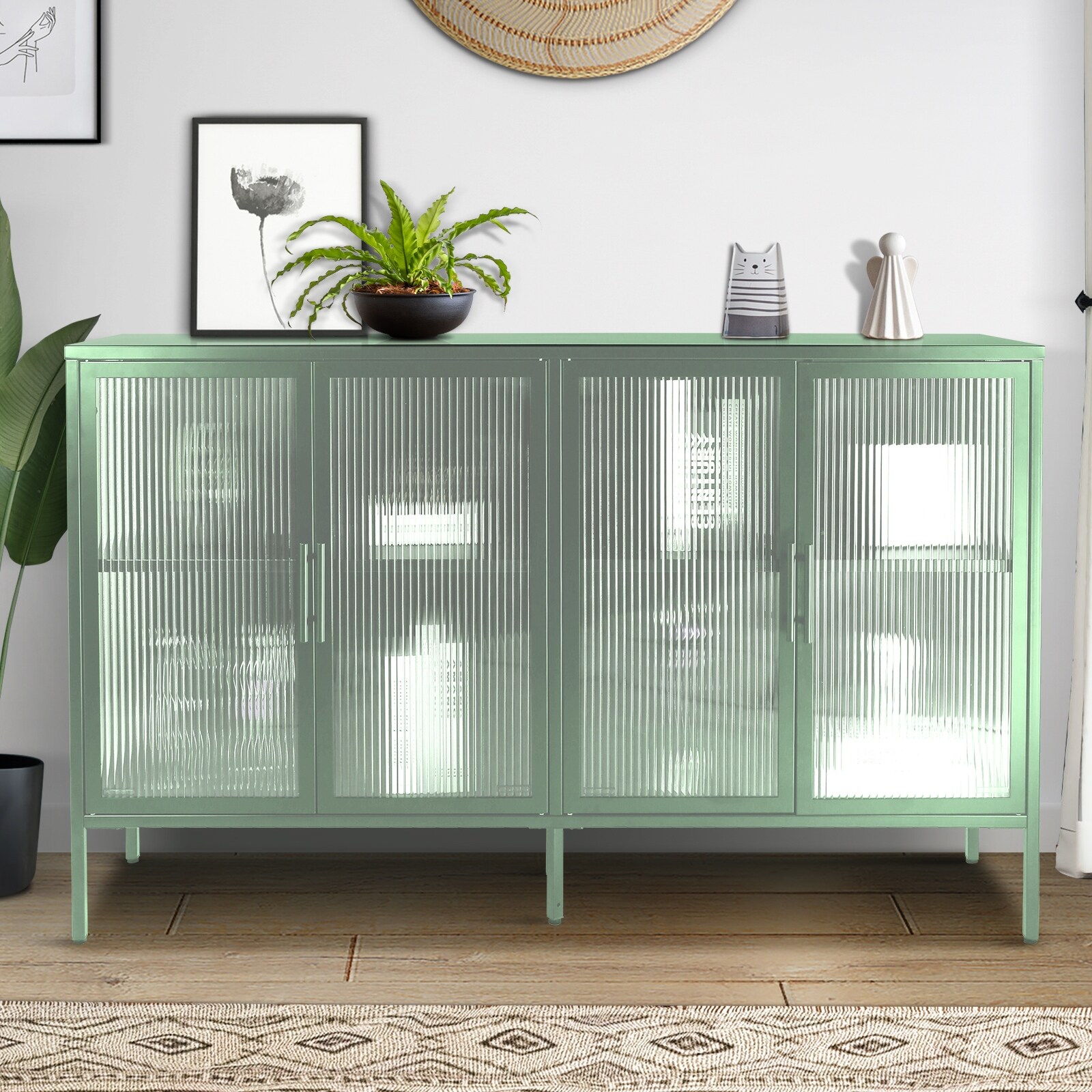 4 Door Tempered Fluted Glass Cabinet with 4 Glass Doors Adjustable Shelf and Feet Light Green