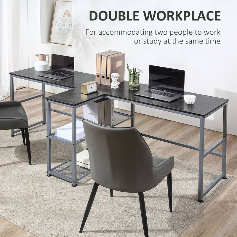 Large 83" Dual Desk with 2 Storage Shelves, Spacious Double Workstation for Office Use