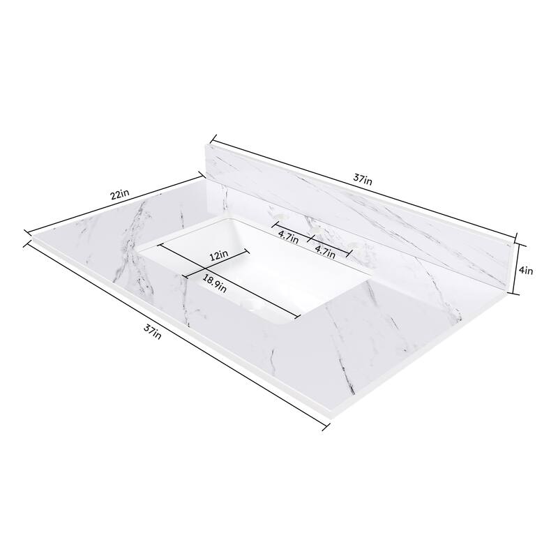 Roomfitters 37 Inch Bianco Carrara Venato Vanity Top with Rectangular Undermount Sink, Sintered Stone Counter, White