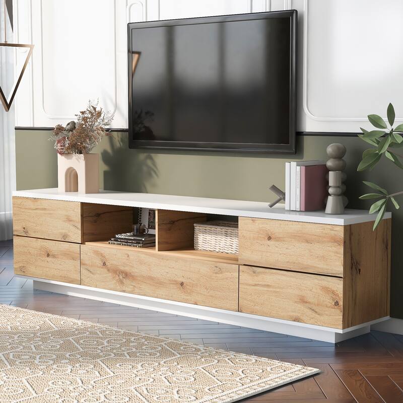 Natural+White 70.8" TV Stand with Storage & Rebound Door for 80" TVs