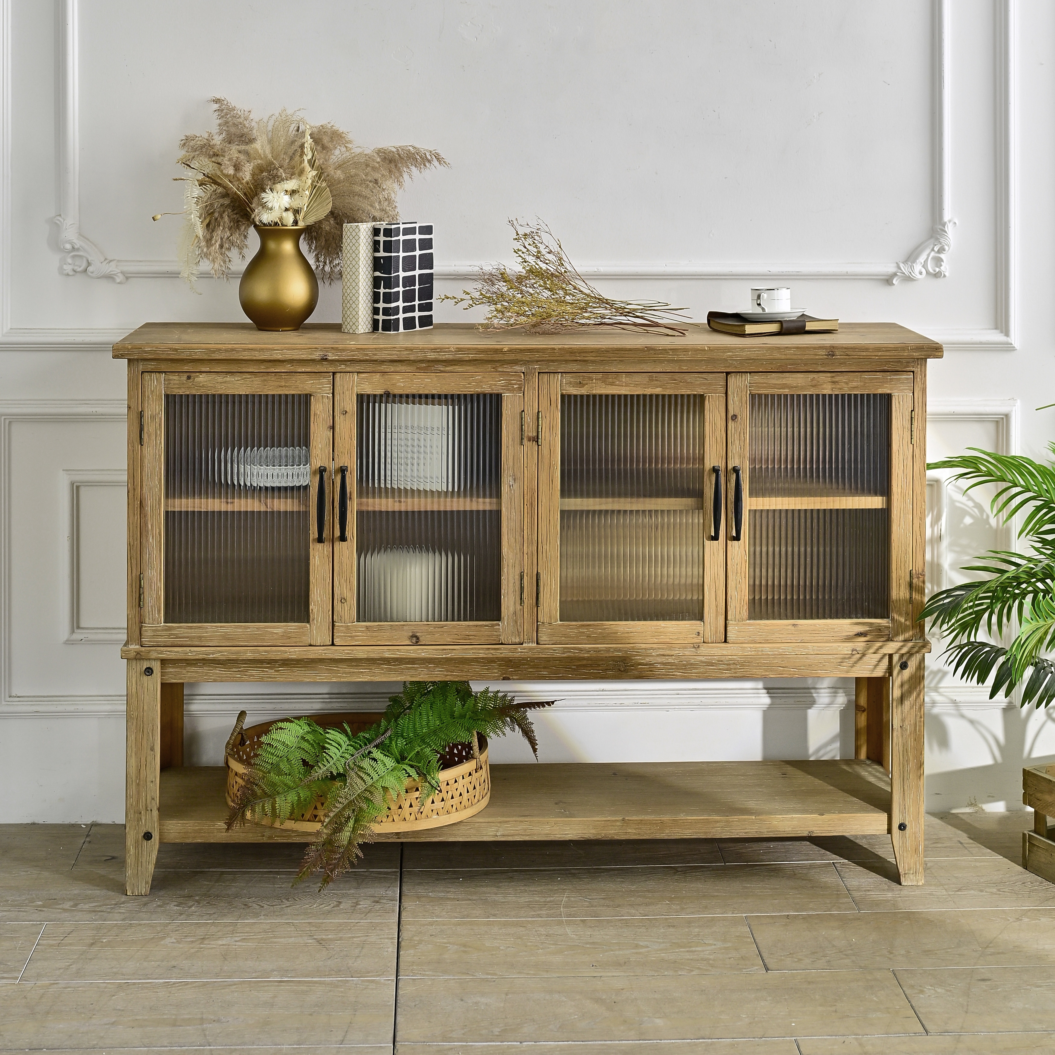 59.06"Rectangle Accent Glass Door Wooden Sideboard Cabinet with Storage Shelf, Easy Assembly Rustic Cabinet