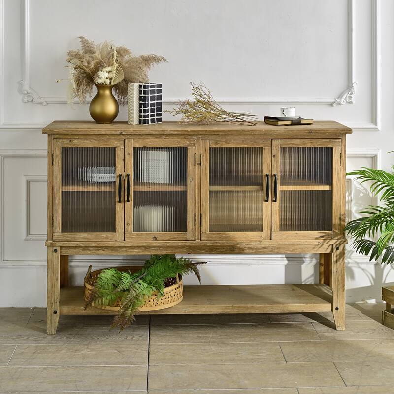 Wooden 59.06" Accent Sideboard Cabinet with Storage Shelf and 4 Glass Doors - Natural