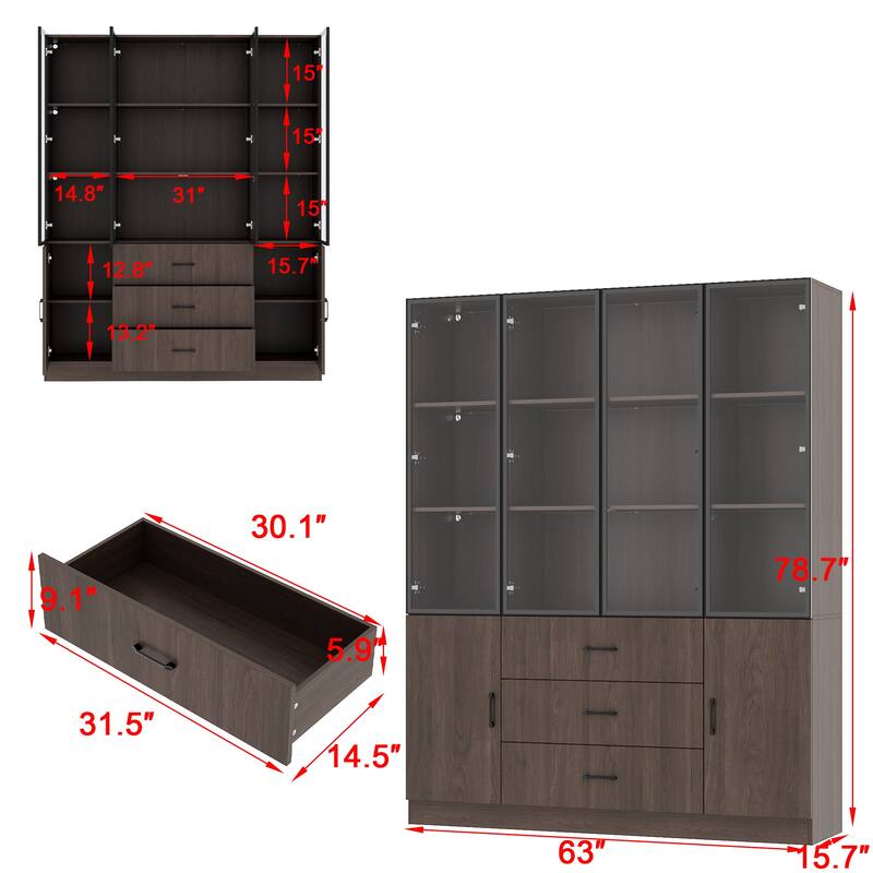 Bookshelves Bookcase Modular Glass Display Cabinet with LED Lights, Dark Wood Storage Combination Cabinet System